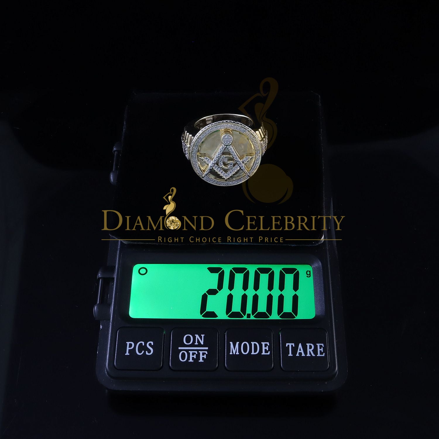 0.25 CT Diamond Men's Silver 925 Yellow Adjustable Masonic Ring From SZ 10 to 12