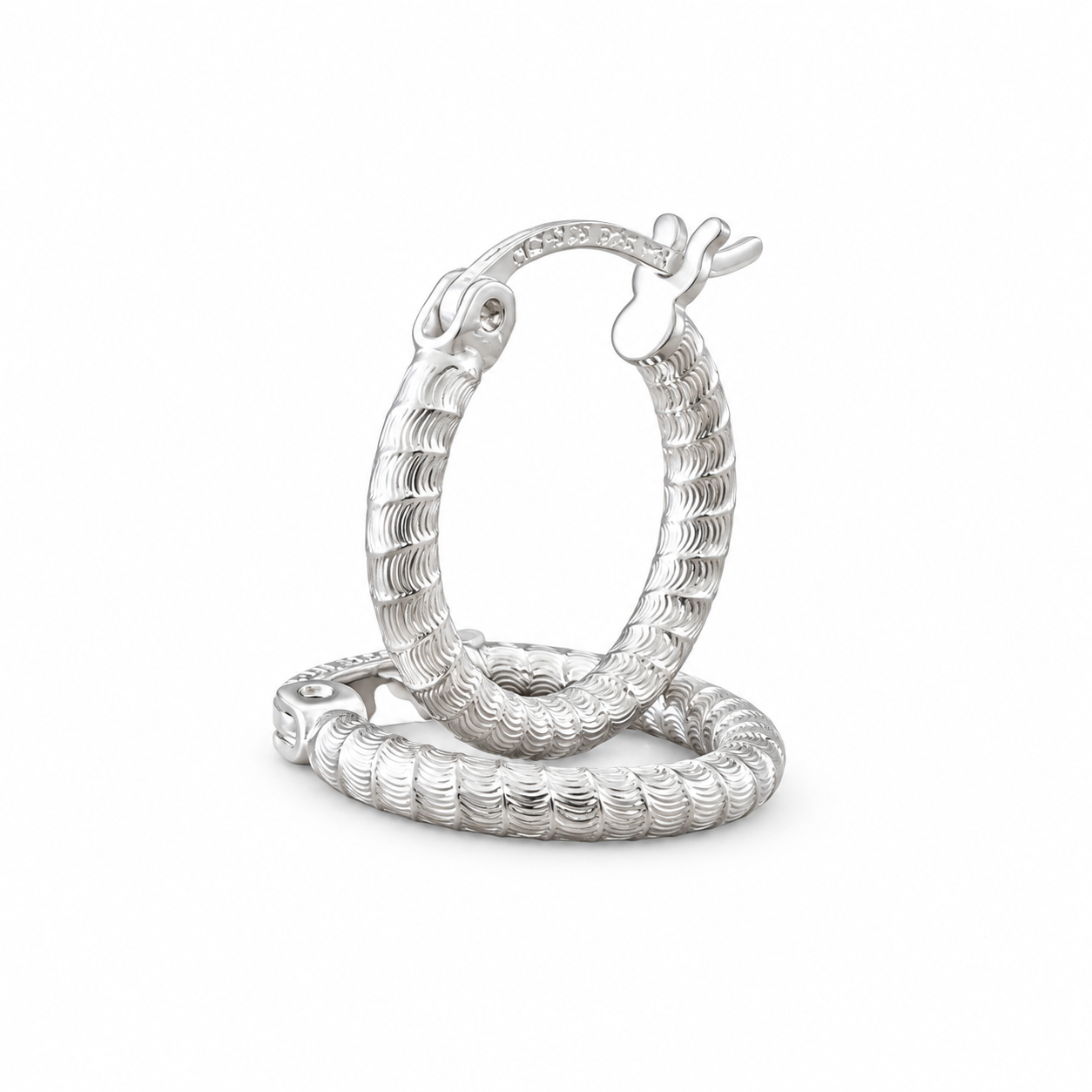 925 Silver Snake Chain Pattern Ribbed Textured Diamond Cut 15mm Hoop Earrings