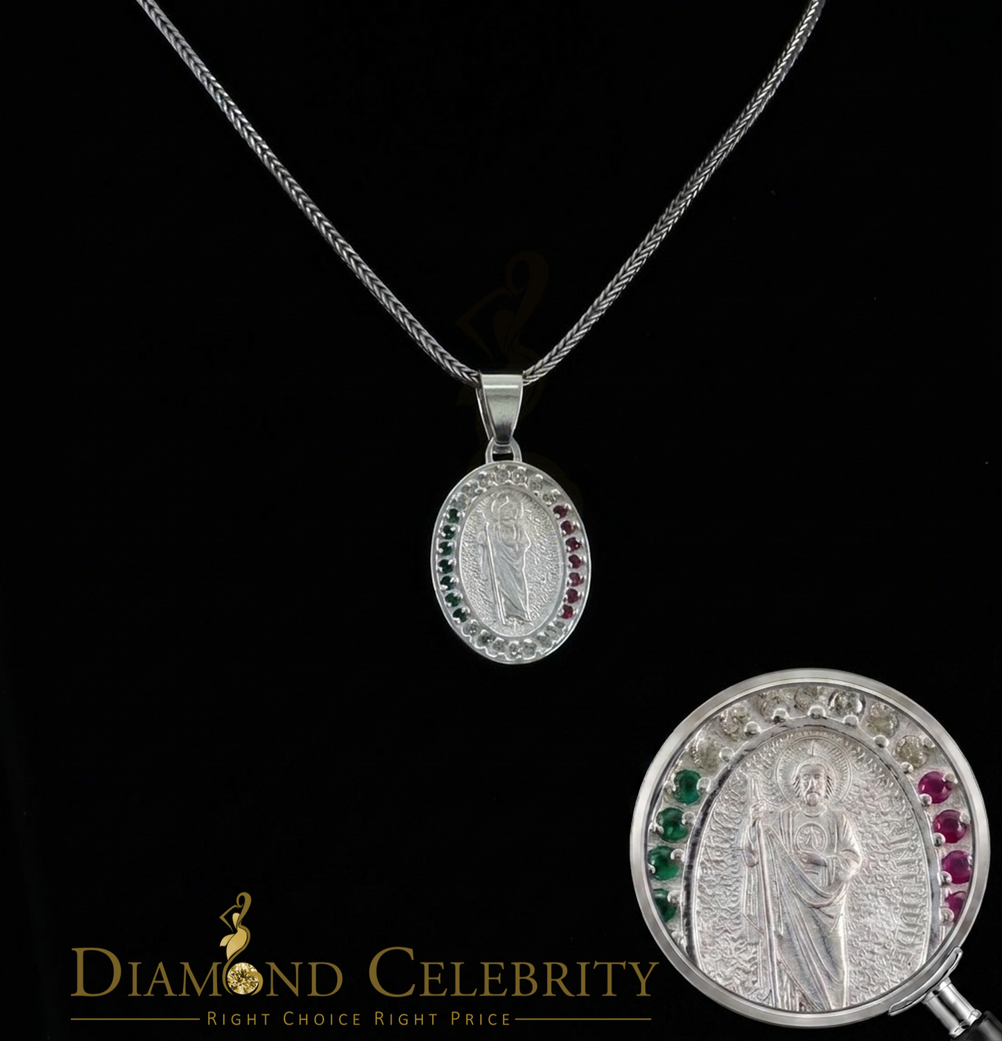 DiamondCelebritees 925 Sterling Silver St.Jude Multi Color CZ Men's/Women's Pendant White Religious