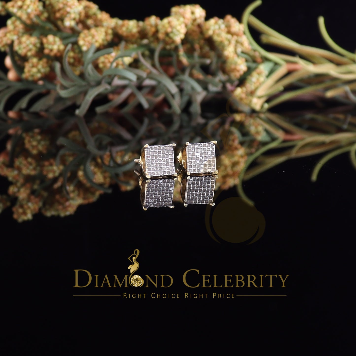 DiamondCelebritees Aretes Para Hombre 925 Yellow Silver 0.25ct Square Diamond Stud men's Earrings