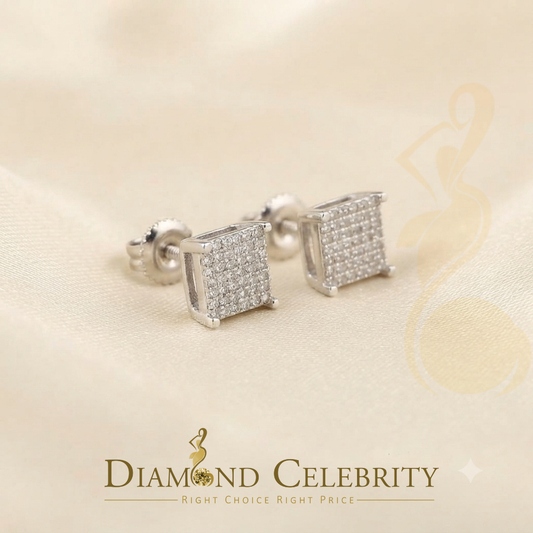 DiamondCelebritees 925 White Silver 0.25 ct Square Real Genuine Diamond Stud Men's Fashion Earrings