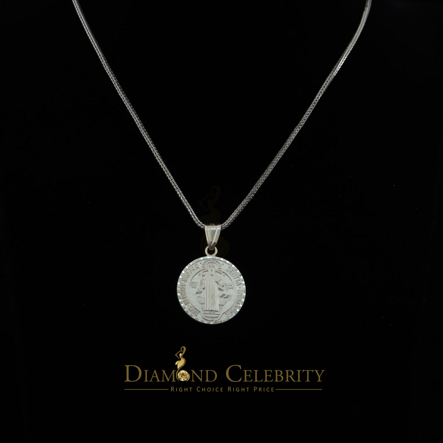 DiamondCelebritees Double Side Jesus Crusification & ST Benadict Men/Women Pendant White 925 Silver