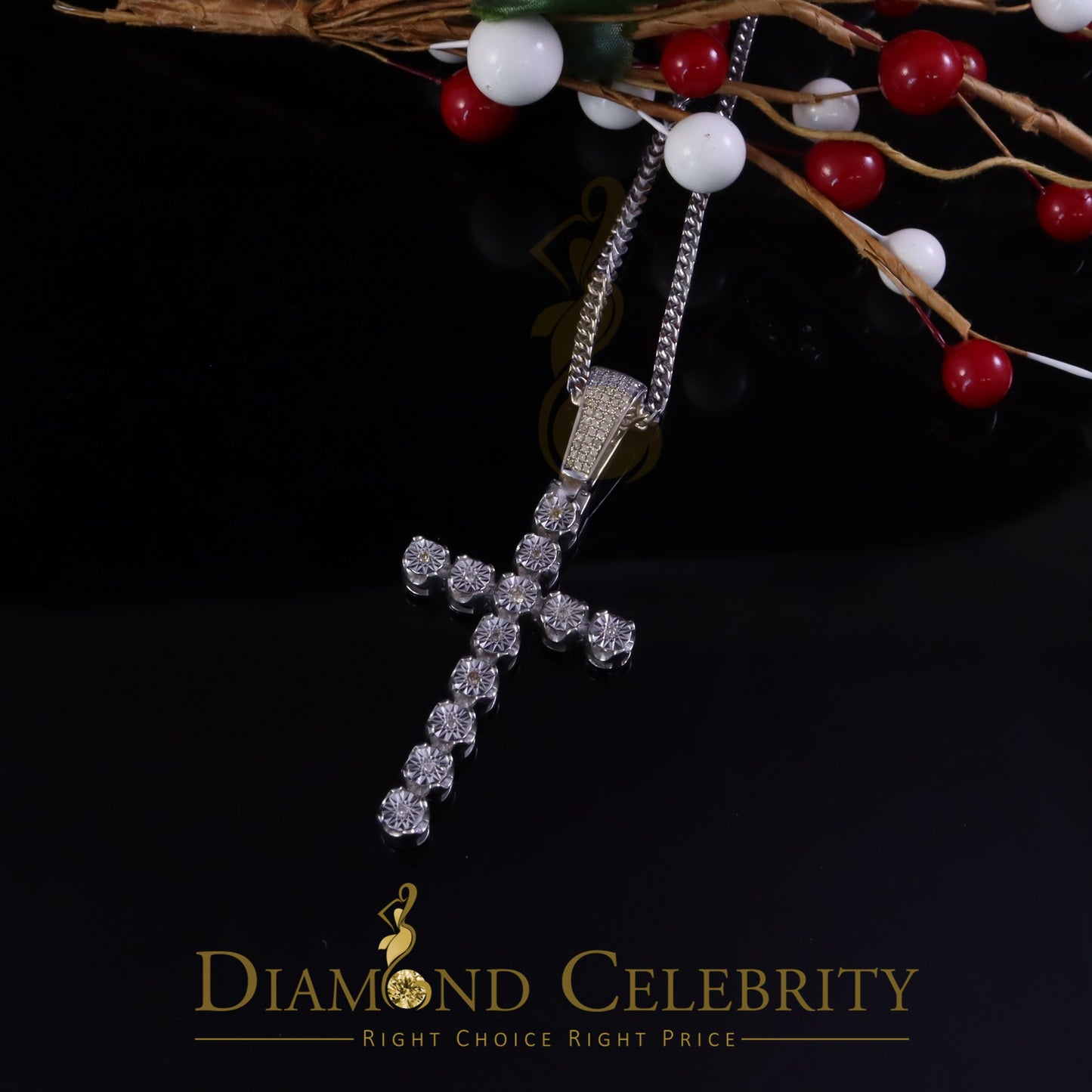 DiamondCelebritees  0.40CT Real Diamond Crystal Cross 925 Sterling Silver White Necklace Pendant