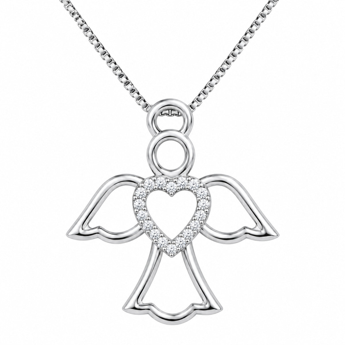 DiamondCelebritees  925 Silver White Heart-Shaped Guardian Angel Pendant W/ Real 0.05CT Diamond