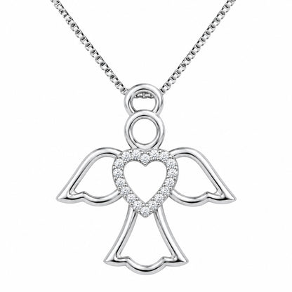 DiamondCelebritees  925 Silver White Heart-Shaped Guardian Angel Pendant W/ Real 0.05CT Diamond