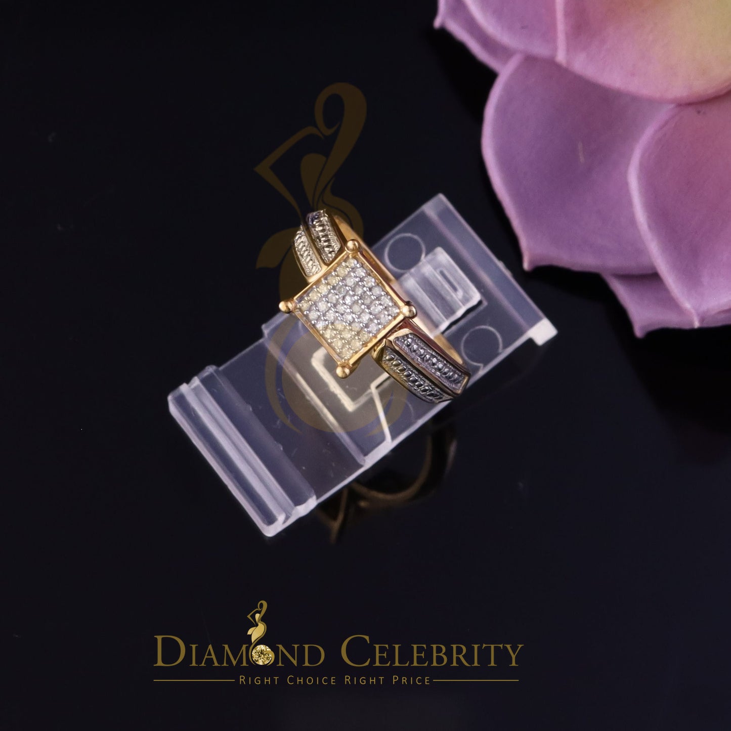 DiamondCelebritees 0.12CT Real Diamond 925 Sterling Yellow Silver Womens Square Fashion Ring Size 7
