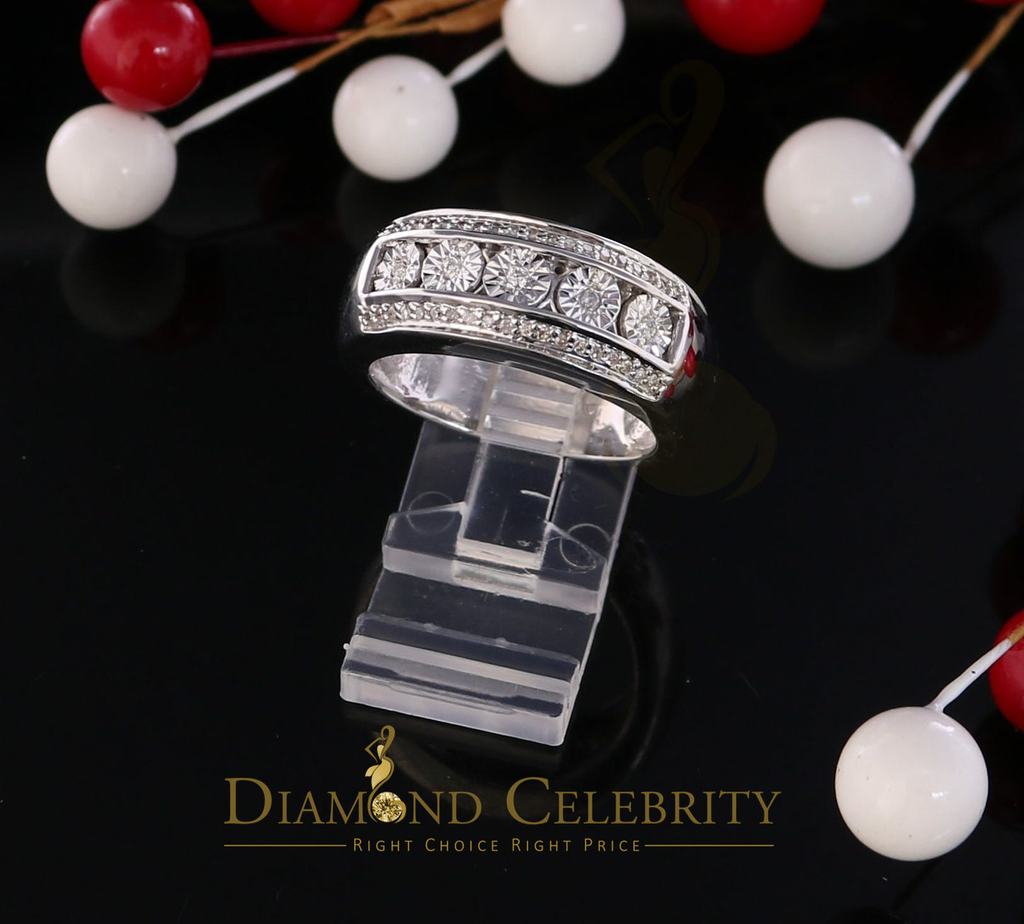 DiamondCelebritees 0.20 CT Real Diamond Men's 925 Sterling Silver White Band Big Ring Size 10.5