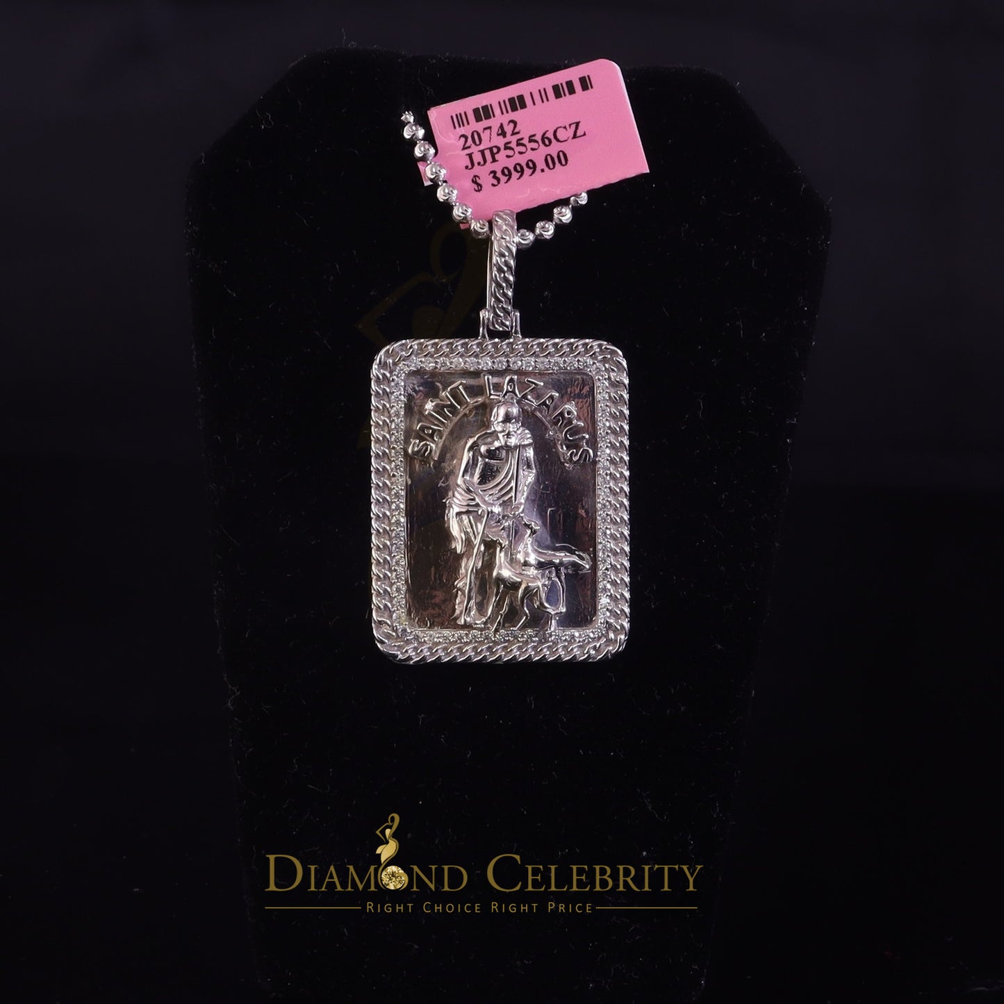 DiamondCelebritees Men's 925 Silver 0.66ct CZ ST LAZARUS "1" inch 3D look White Square Pendant