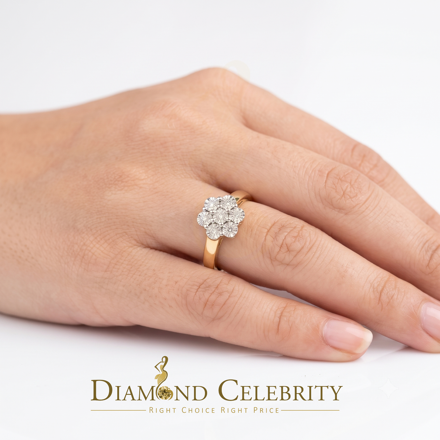 DiamondCelebritees Real Diamond 0.05ct Engagement Womens 925 Silver Yellow Ring Flower Shape Size 7