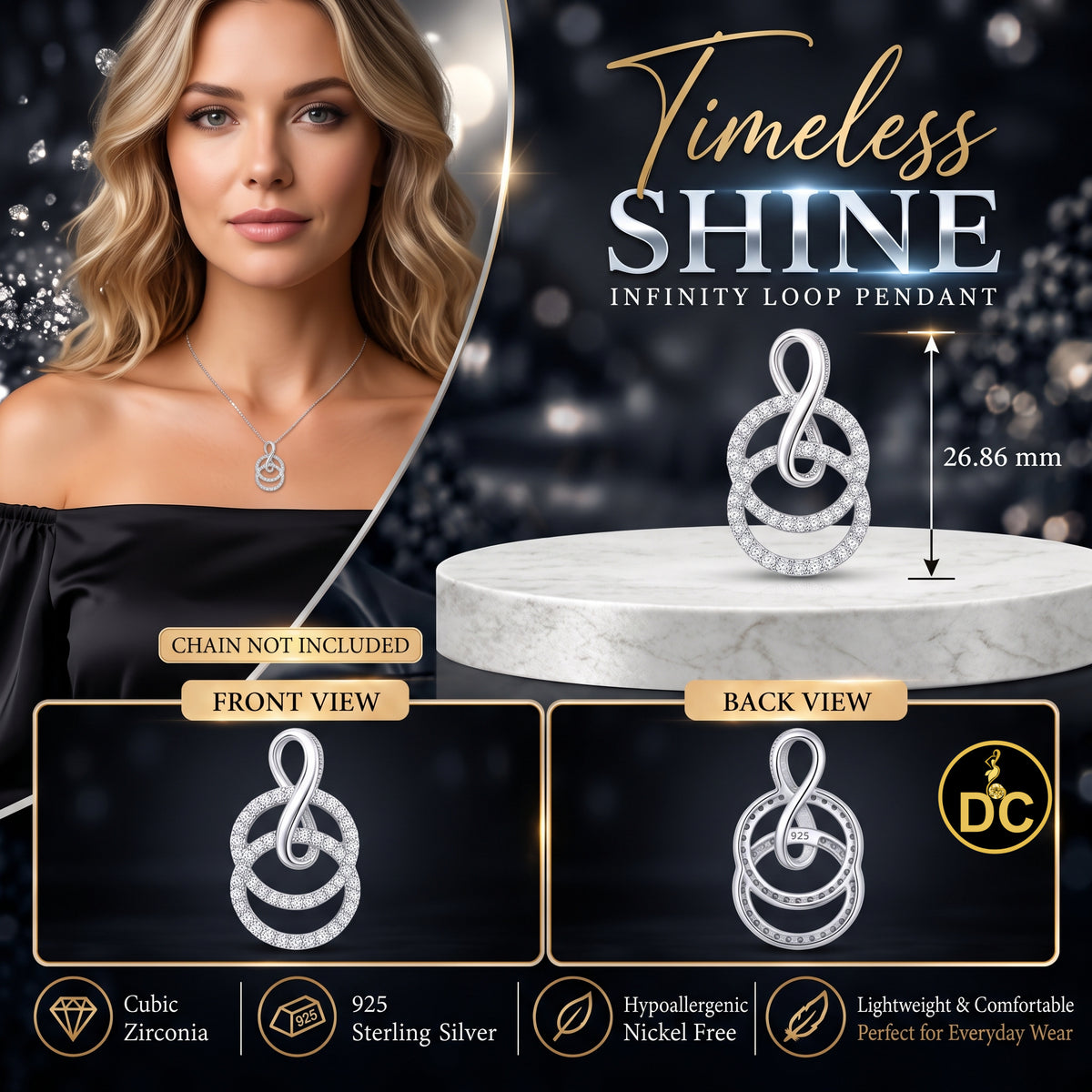 DiamondCelebritees White Silver Pendant Double Circle With Infinite Necklace 1.44ct Cubic Zirconia