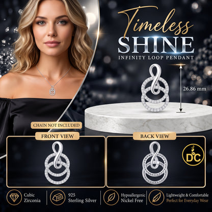 DiamondCelebritees White Silver Pendant Double Circle With Infinite Necklace 1.44ct Cubic Zirconia