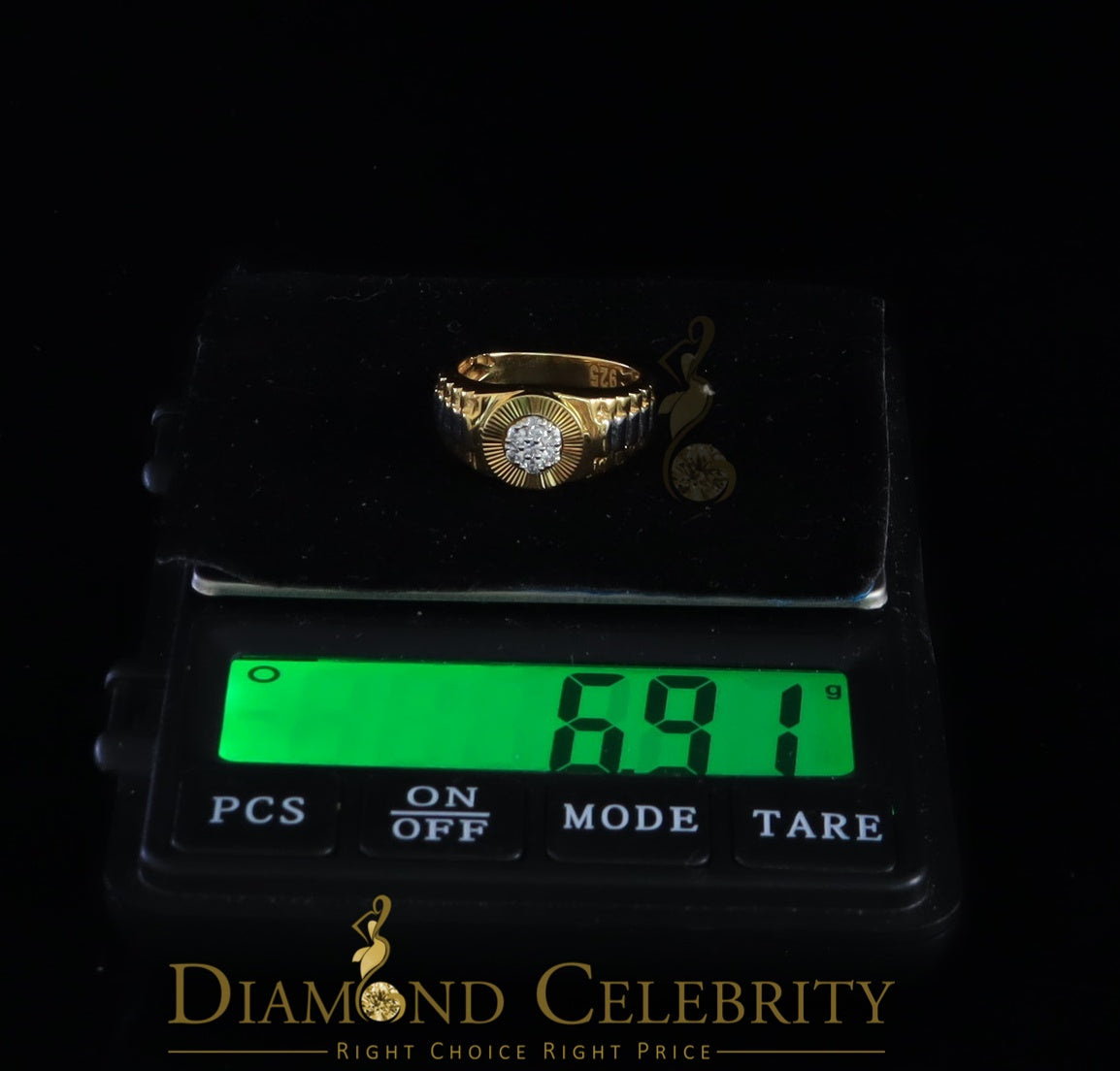 DiamondCelebritees Men's 0.30ct Cubic Zirconia Yellow Silver Heavy Look Round Ring SZ 9