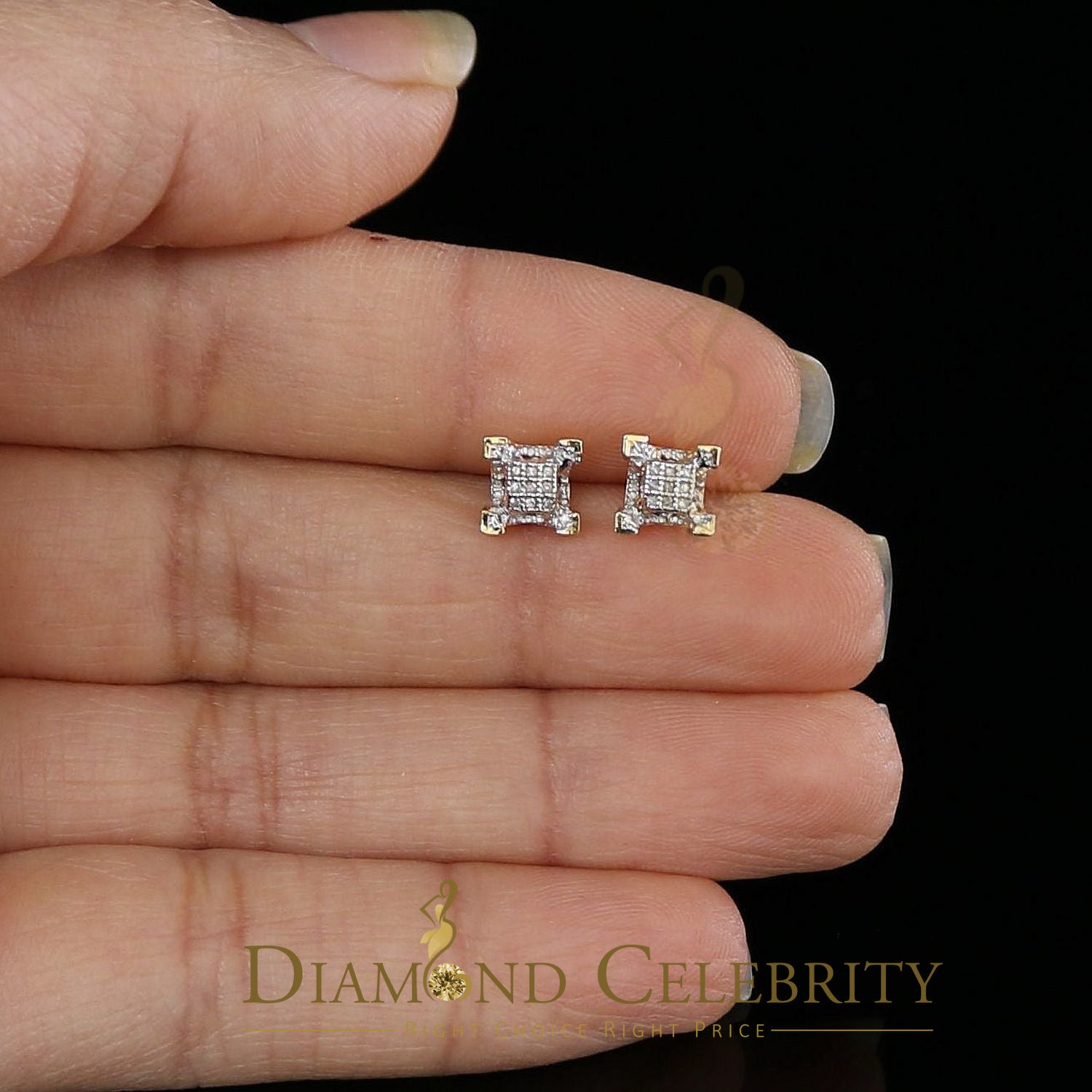 925 Sterling Silver Yellow Hip Hop 0.15ct Diamond Man & Women Square Earrings