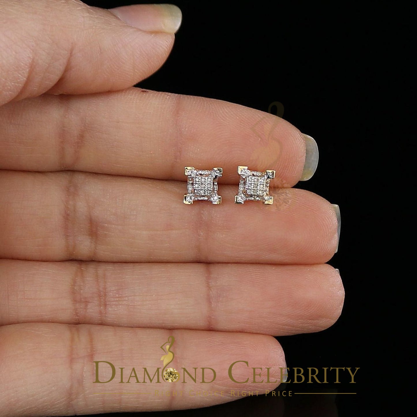 925 Sterling Silver Yellow Hip Hop 0.15ct Diamond Man & Women Square Earrings