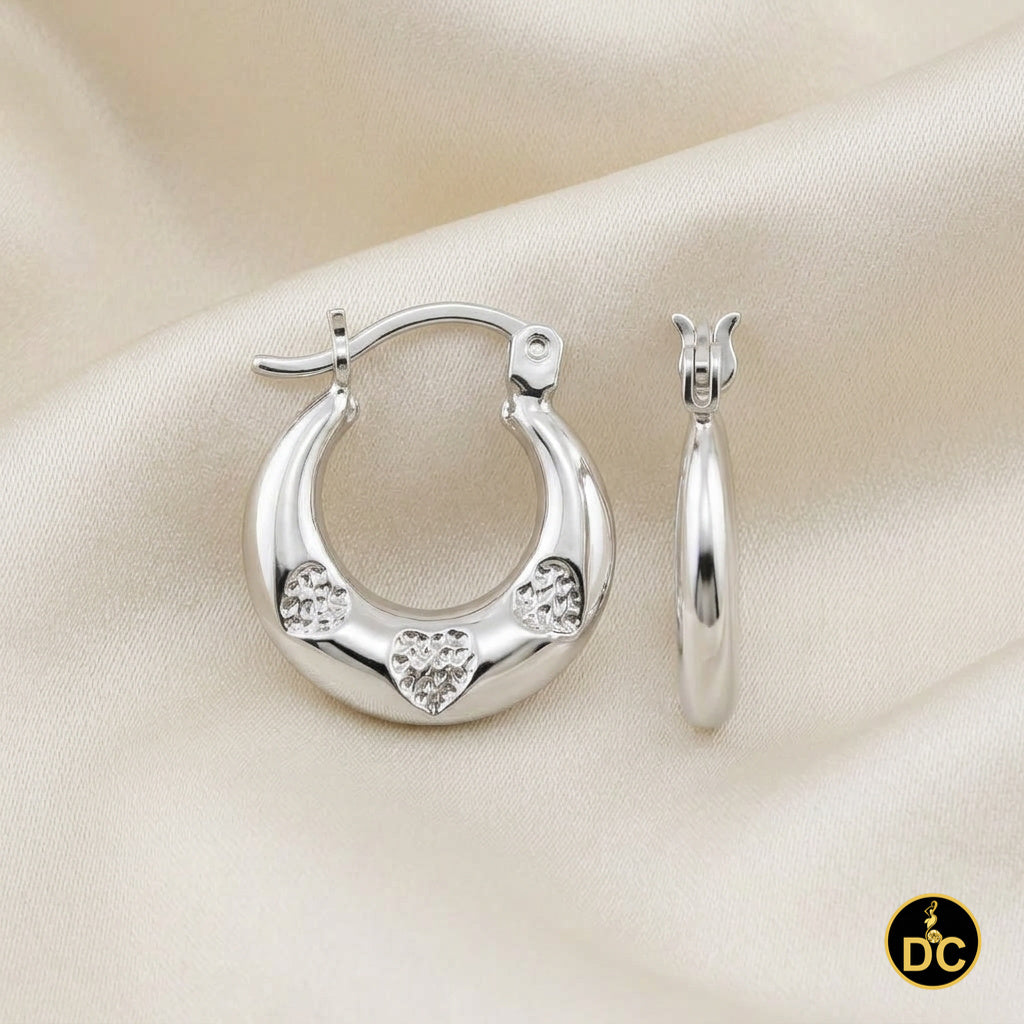 925 Sterling Silver 3/Texture Heart Accent Along curved Hallow 15mm Hoop Earring