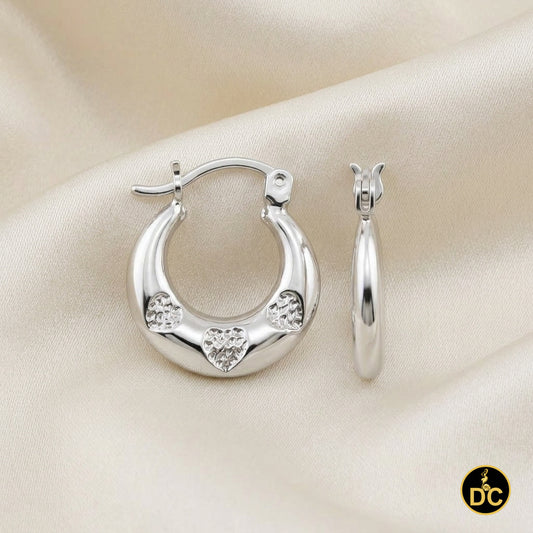 925 Sterling Silver 3/Texture Heart Accent Along curved Hallow 15mm Hoop Earring