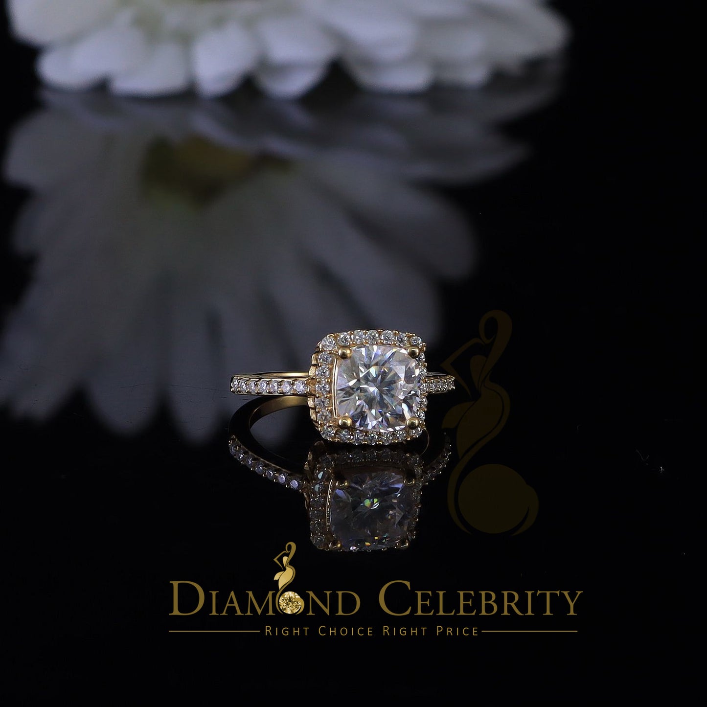 King Of Blings  10K Yellow Gold 3.00CT 'VVS' 'FL' D clr Cushion Cut Moissonite Womens Ring S/7