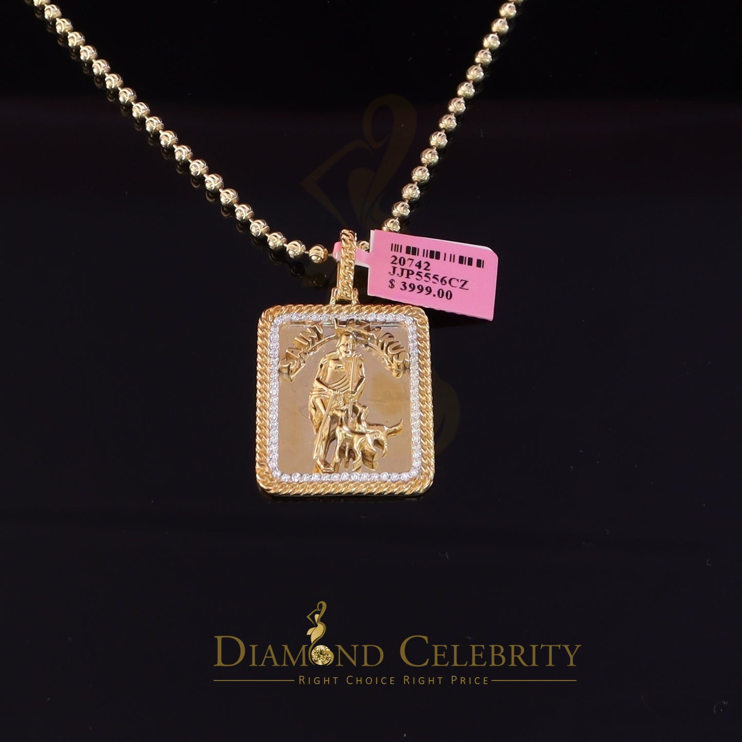 DiamondCelebritees Men's 925 Silver 0.66ct CZ ST LAZARUS "1" inch 3D look Yellow Square Pendant