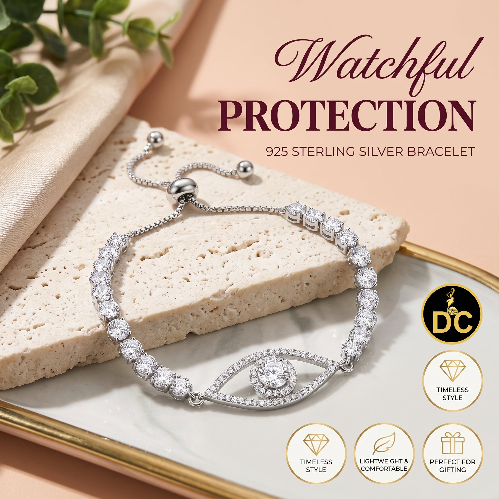 Diamondcelebritees White 925 Silver Eye Shape Bracelet Cubic Zirconia Adjustable Size 7 Inches