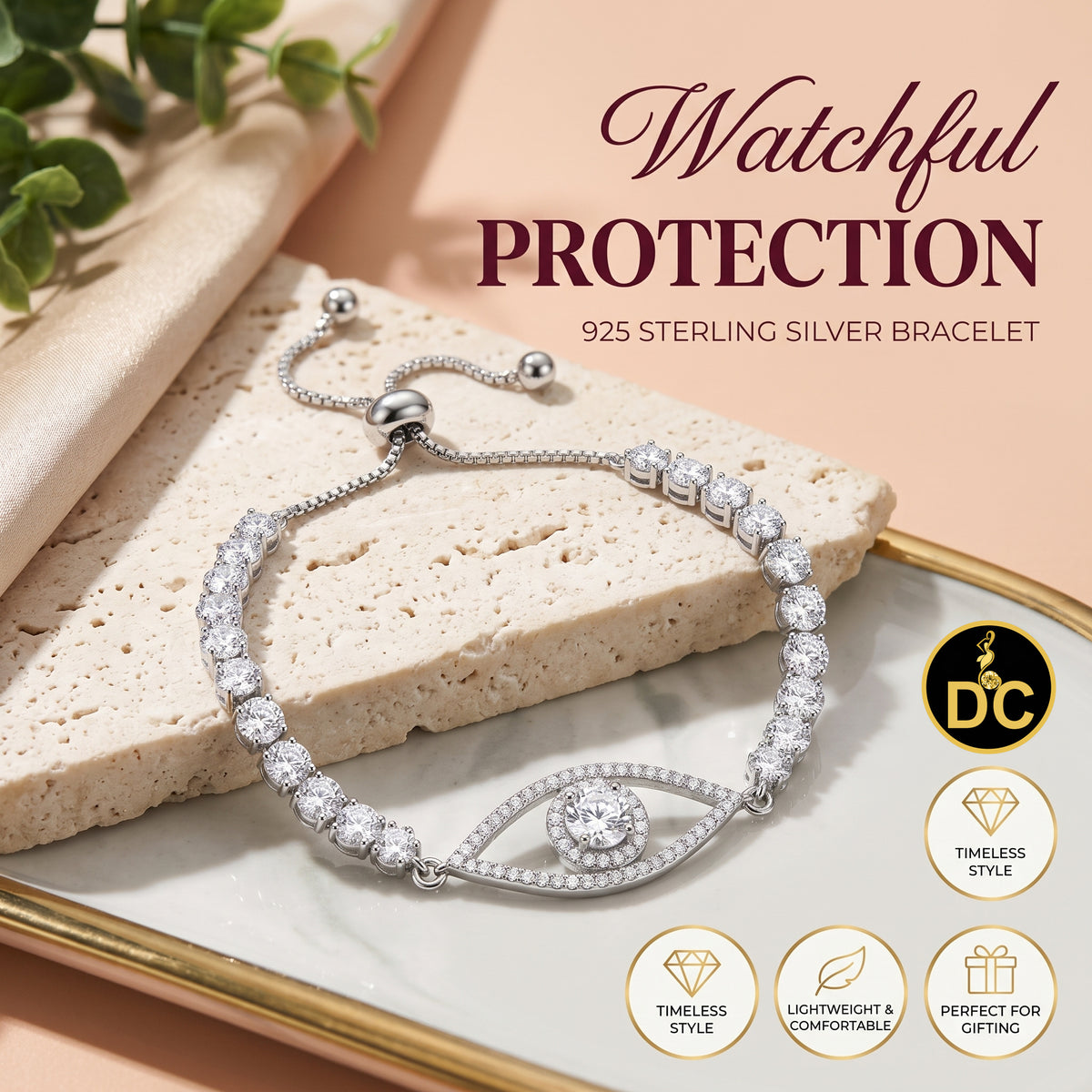 Diamondcelebritees White 925 Silver Eye Shape Bracelet Cubic Zirconia Adjustable Size 7 Inches