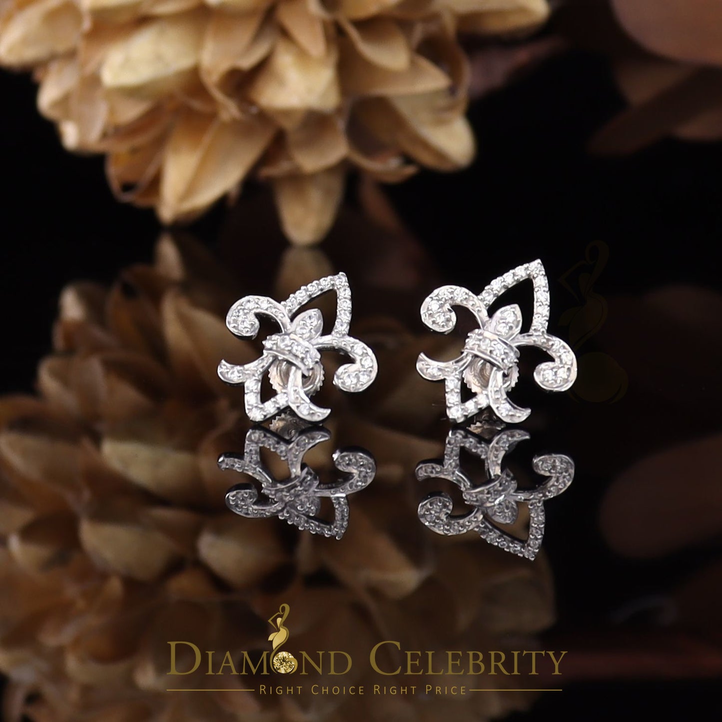 DiamondCelebritees  0.60ct Cubic Zirconia 925 White Silver Women's Fleur de Lis Screw Back Earrings