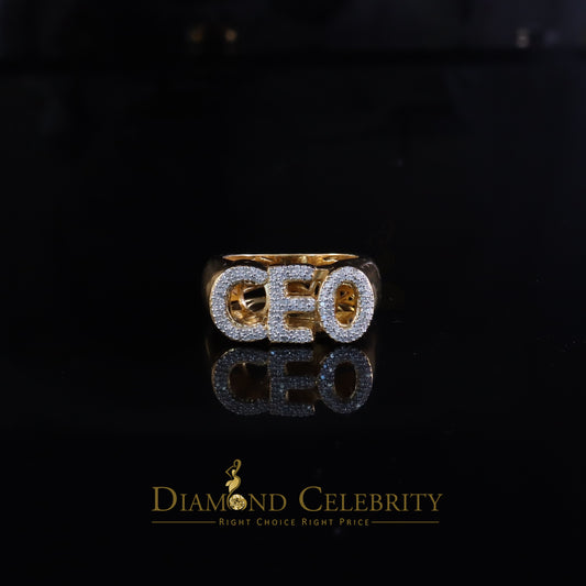 DiamondCelebritees Stylish 925 Yellow Silver 0.40ct Real Micro Diamond Men's "CEO" word Ring SZ 8