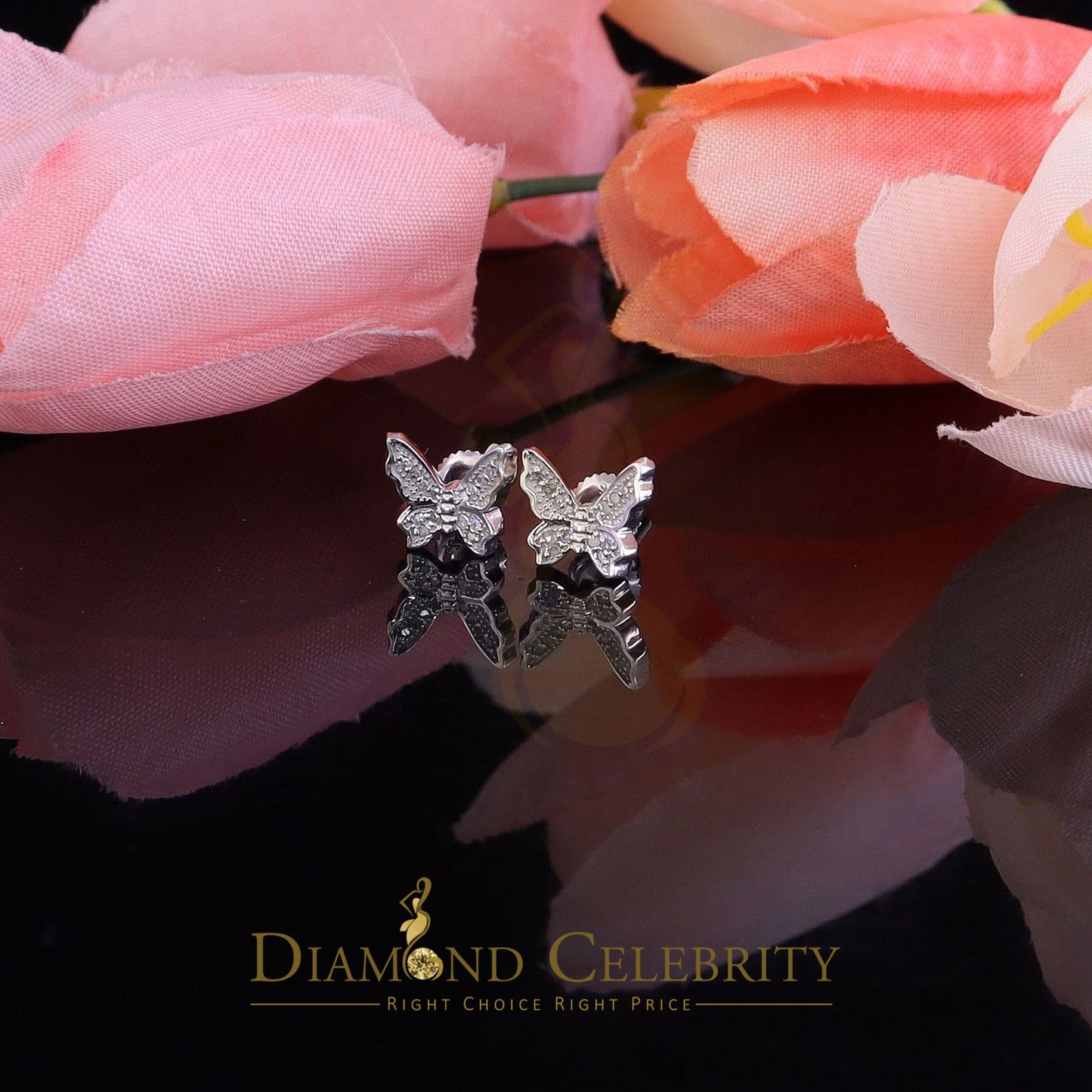 DiamondCelebritees Men's & Women 0.10ct Real Diamond Stud Butterfly Earrings in White 925 Silver