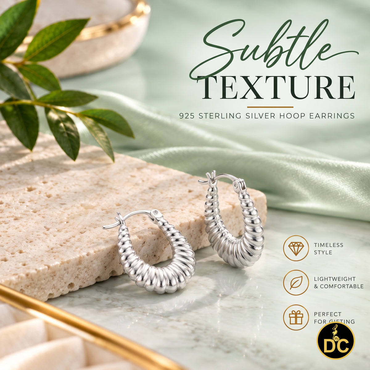 925 Silver 14mm Textured U-hoop or shrimp-style earrings with a ribbed pattern