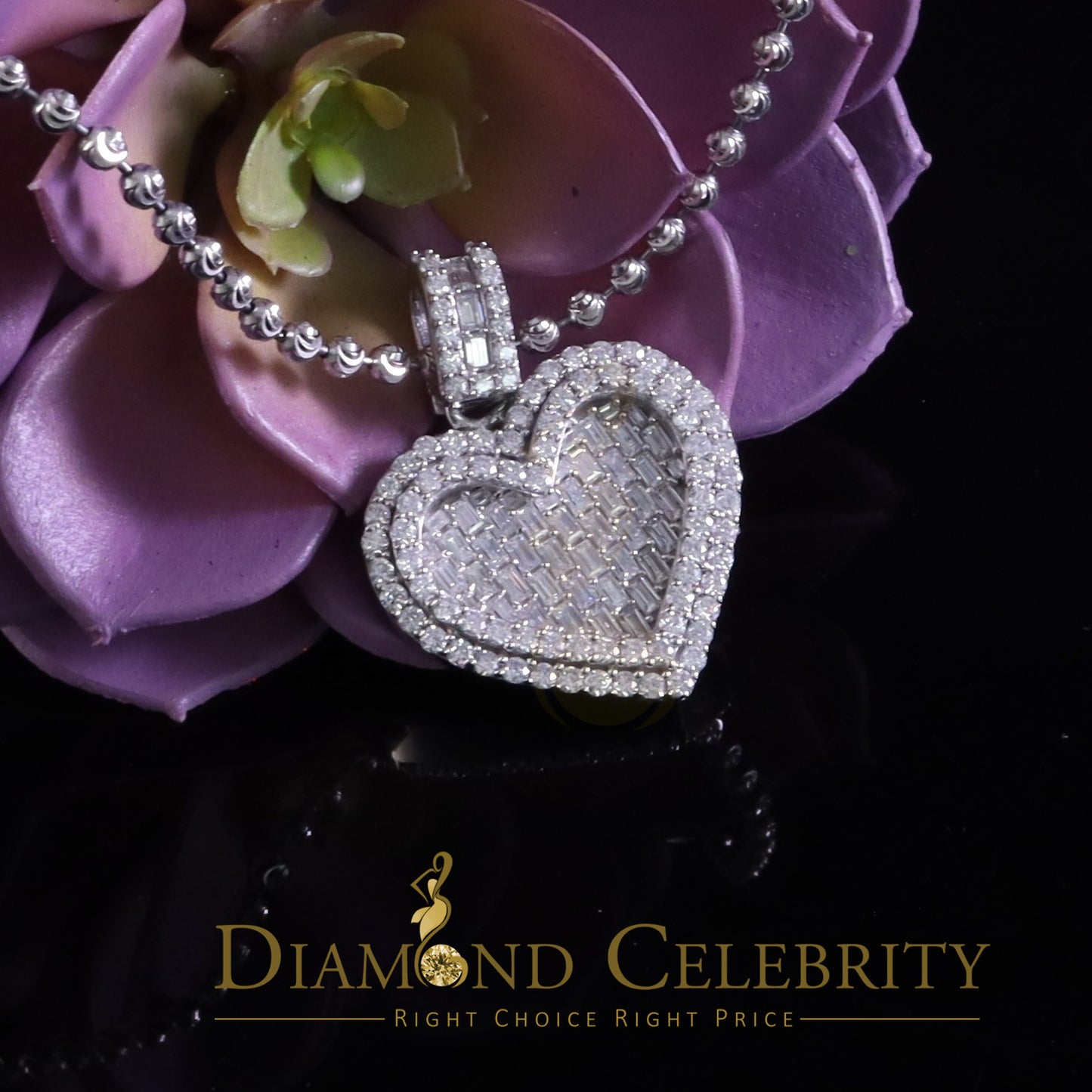 Diamondcelebritees  Silver White Heart Pendant 7.50ct VVS D Clr. Baguette Moissanite for Women's