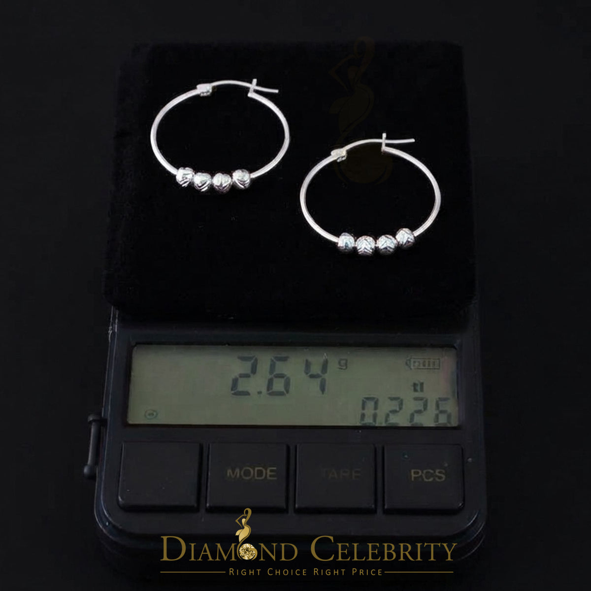 925 Silver Textured Diamond cut Chevron-Pattern Sliding Bead 27mm Hoop Earring