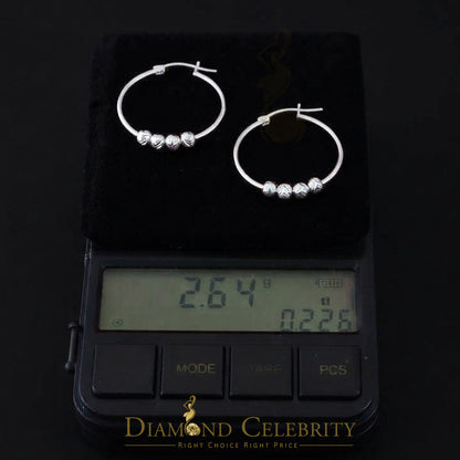 925 Silver Textured Diamond cut Chevron-Pattern Sliding Bead 27mm Hoop Earring