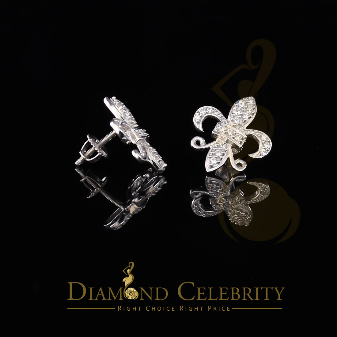 DiamondCelebritees  925 White Silver Women's Fleur de Lis Screw Back 0.36ct Cubic Zirconia Earrings
