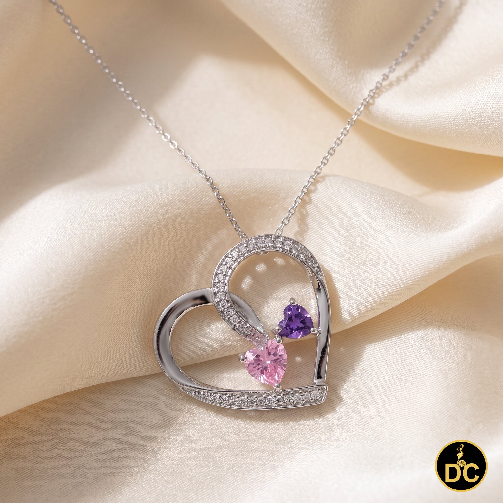 DiamondCelebritees  925 White Silver Double-Loop Open Heart W/Pink & Purple 0.01ct Diamond Pendant