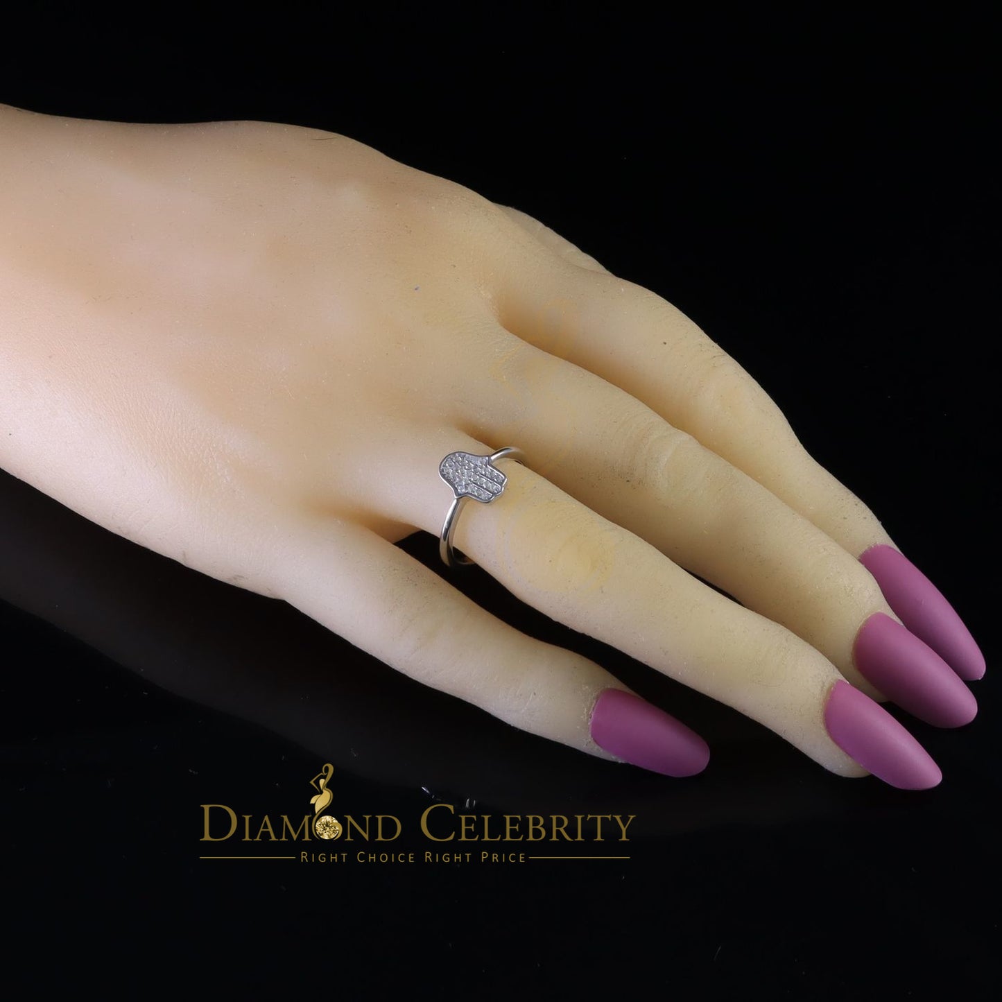 DiamondCelebritees 925 Sterling White Silver Shiny Hamsa 0.40ct Cubic Zirconia Women's Ring Size 6