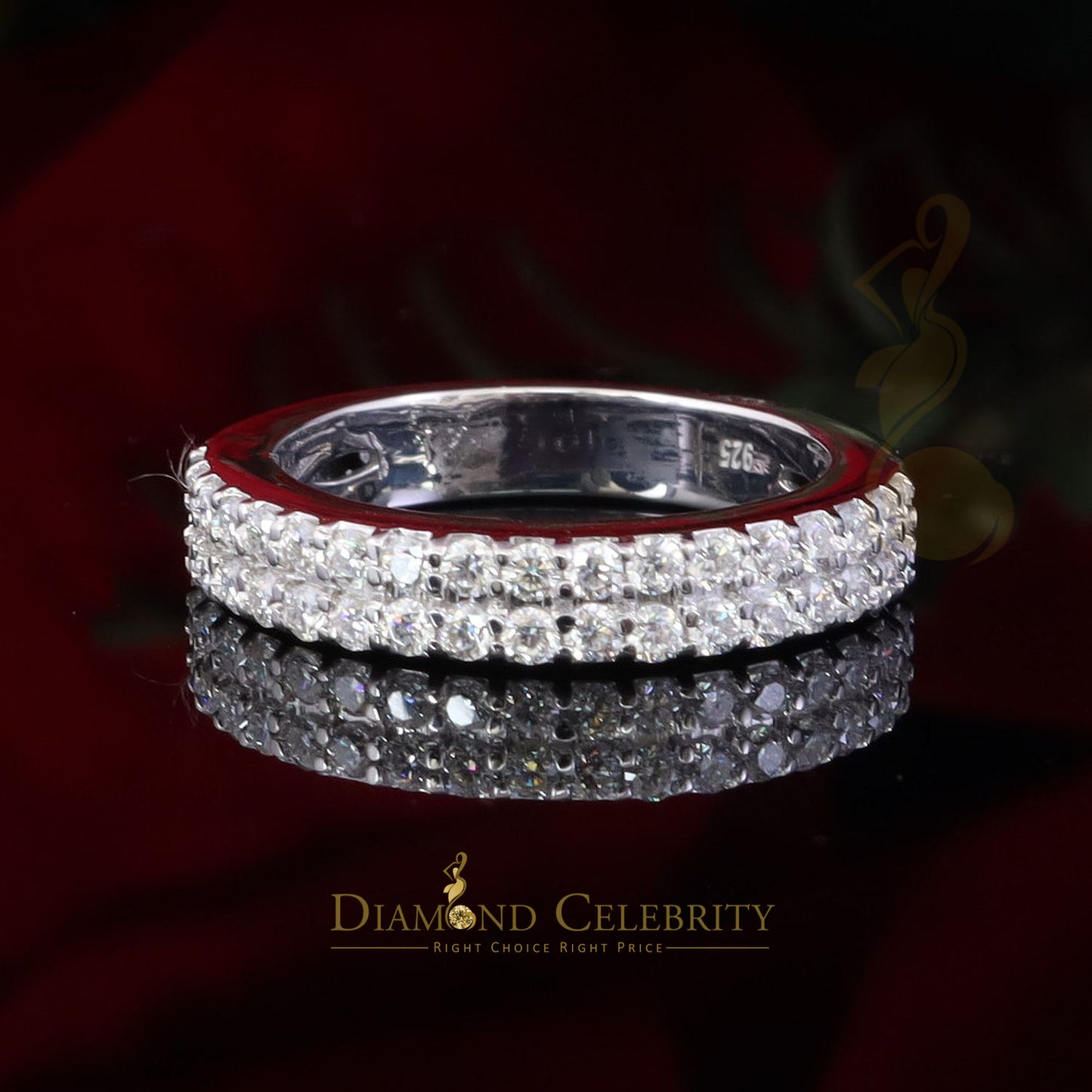 DiamondCelebritees Men's 1.50ct VVS D Silver White Moissanite 2 Row Wedding Band 925 Ring Size 10