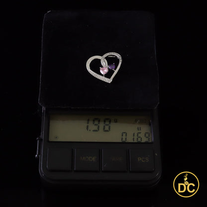 DiamondCelebritees  925 White Silver Double-Loop Open Heart W/Pink & Purple 0.01ct Diamond Pendant