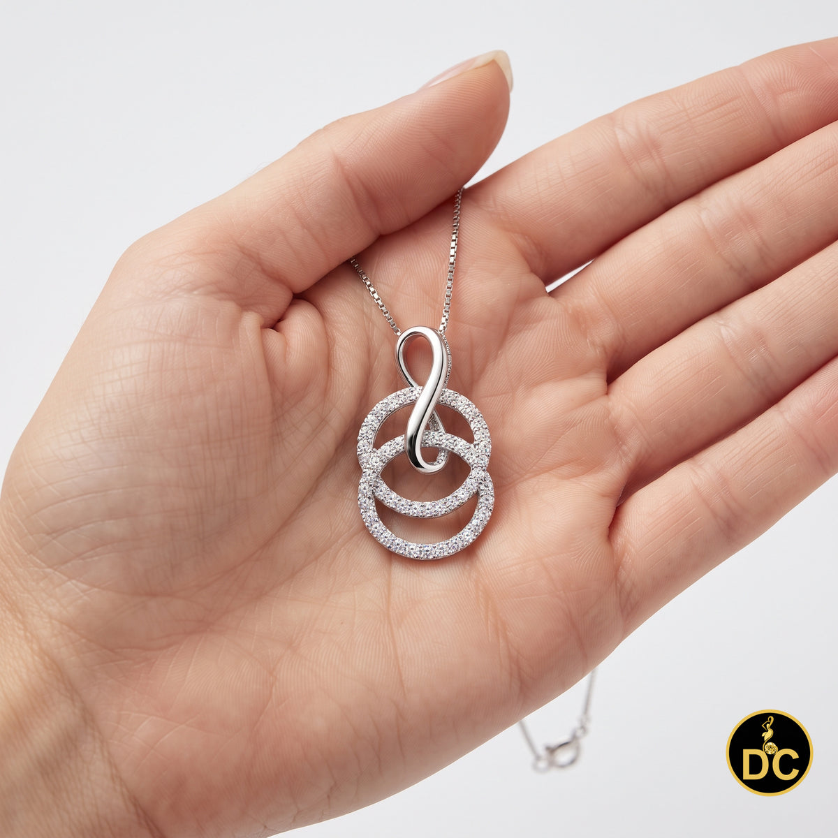 DiamondCelebritees White Silver Pendant Double Circle With Infinite Necklace 1.44ct Cubic Zirconia