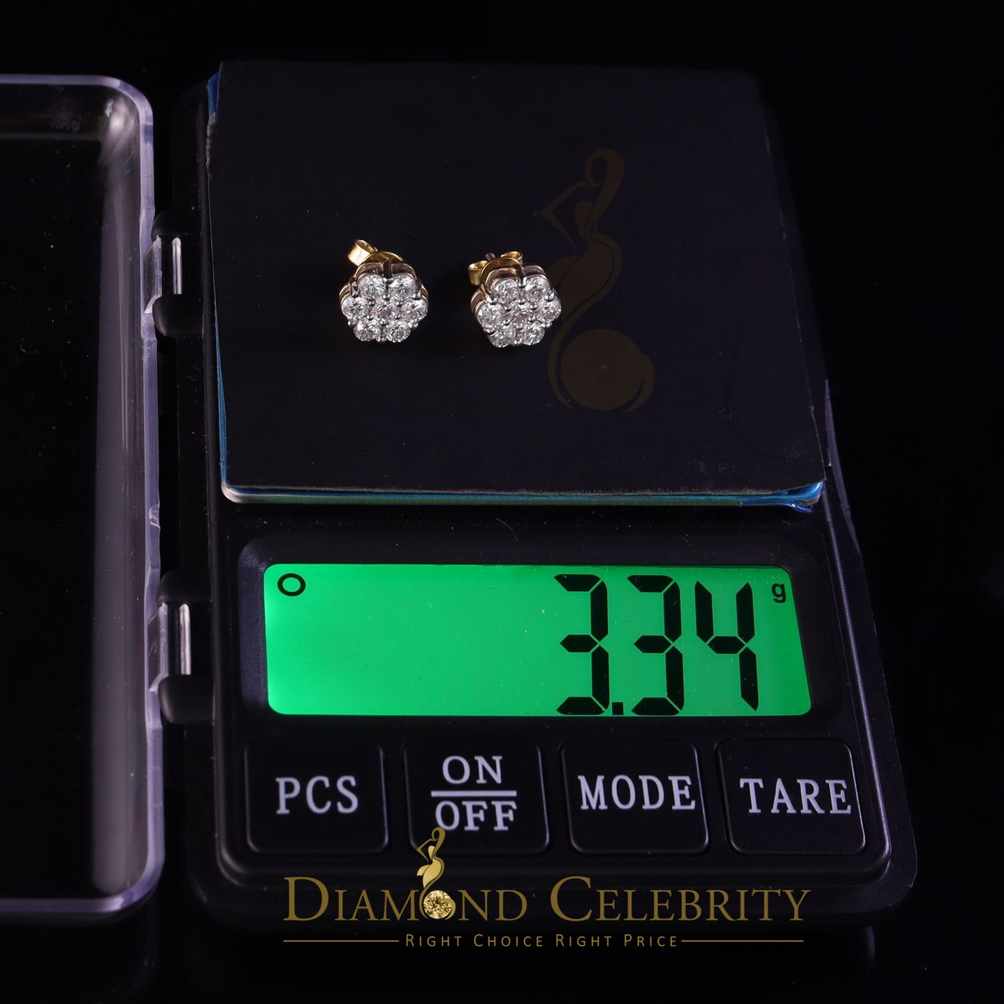 DiamondCelebritees Real Moissanite VVS 'D' Color 2.0ct 10k Real Yellow Gold Stud FLORAL Earrings
