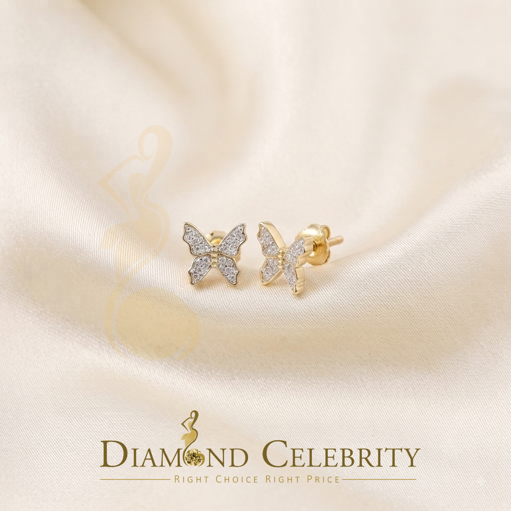DiamondCelebritees Women's 0.10ct Real Diamond Butterfly Stud Earrings Yellow 925 Sterling Silver