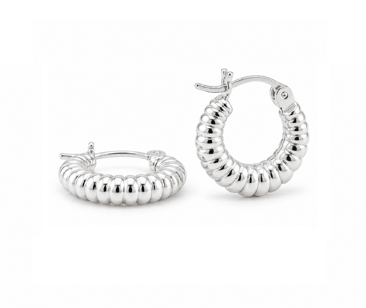 925 Silver Tubular Ribbed Round Croissant Shape Tubogas-Style 15mm Hoop Earrings