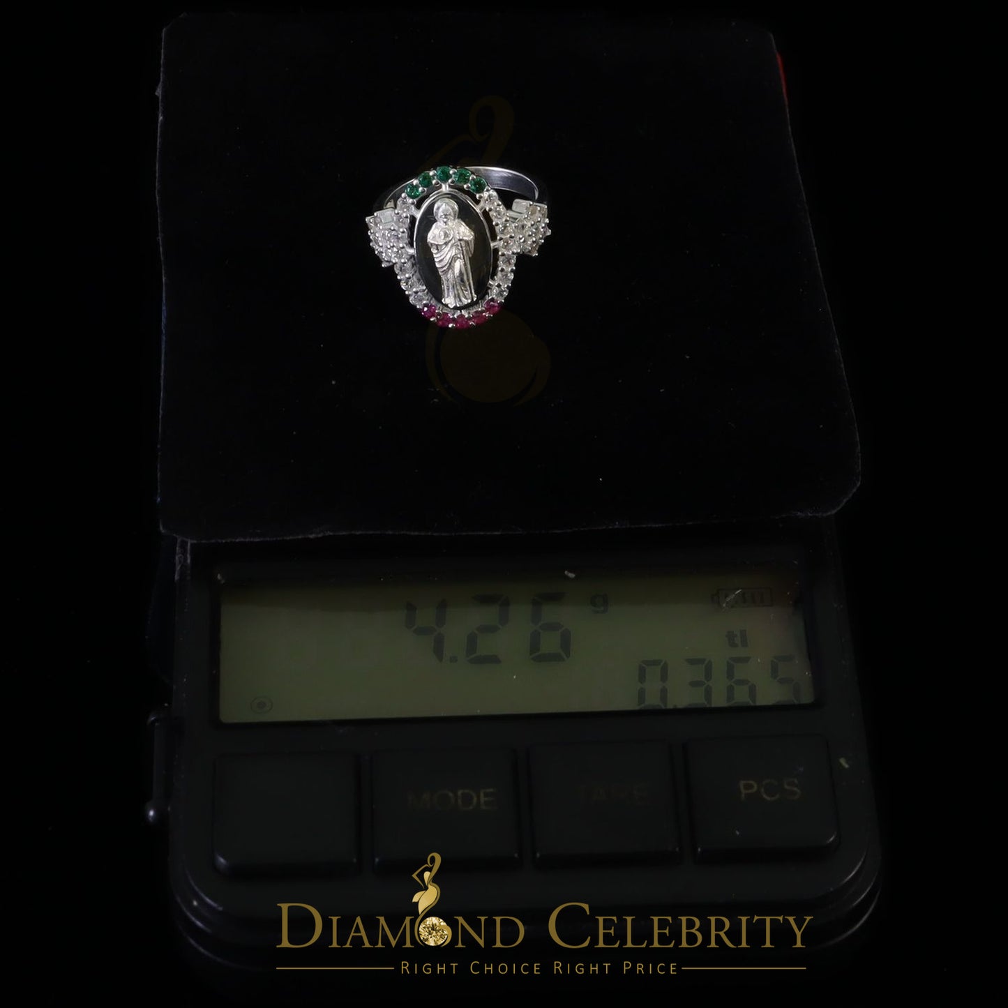 DiamondCelebritees White 925 Silver Saint Jude Thaddeus Pink & Green stone Women Religious Ring SZ7