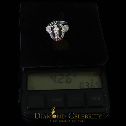 DiamondCelebritees White 925 Silver Saint Jude Thaddeus Pink & Green stone Women Religious Ring SZ7