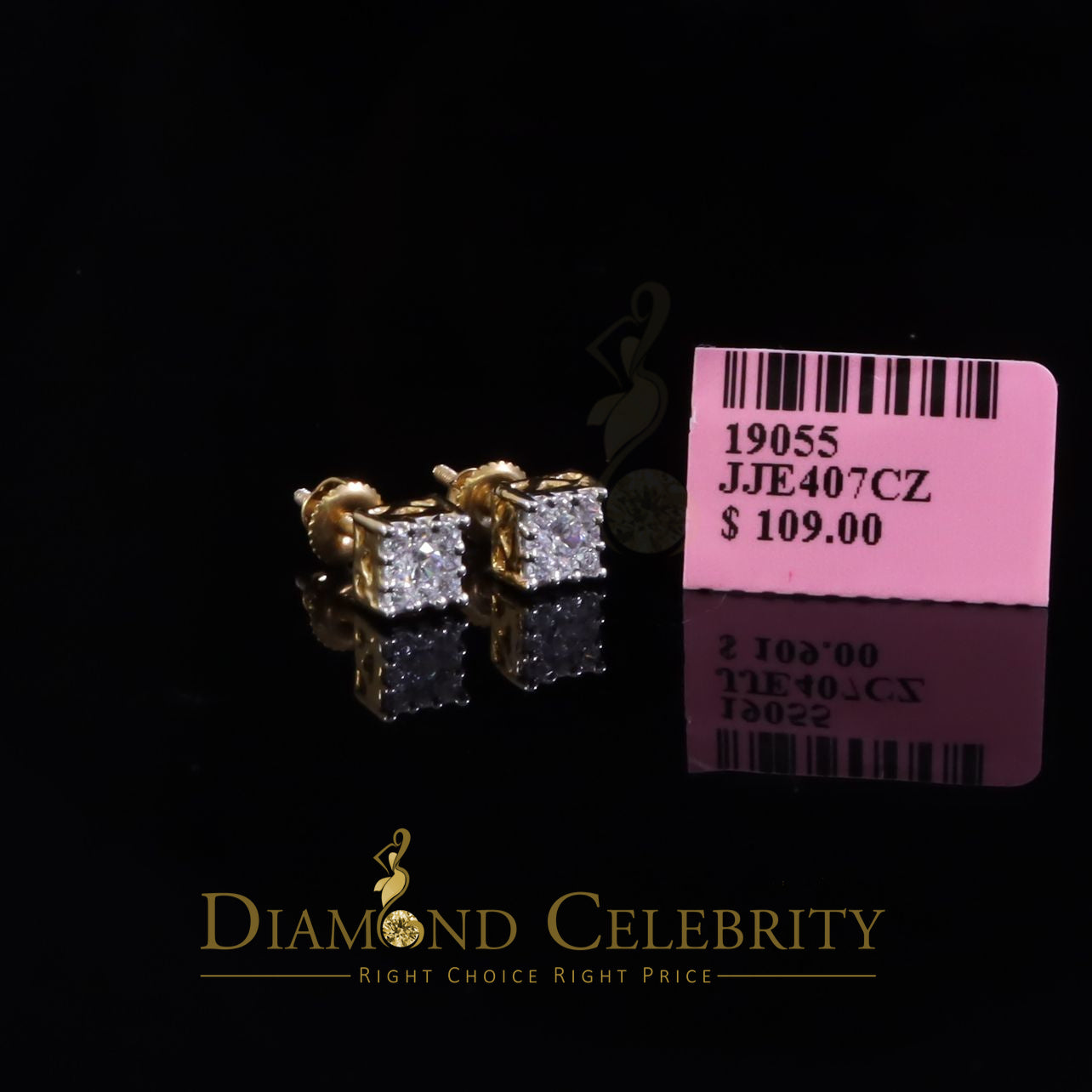 DiamondCelebritees  Hip Hop 925 Yellow Silver 0.6ct Cubic Zirconia Women's & Men's Square Earrings