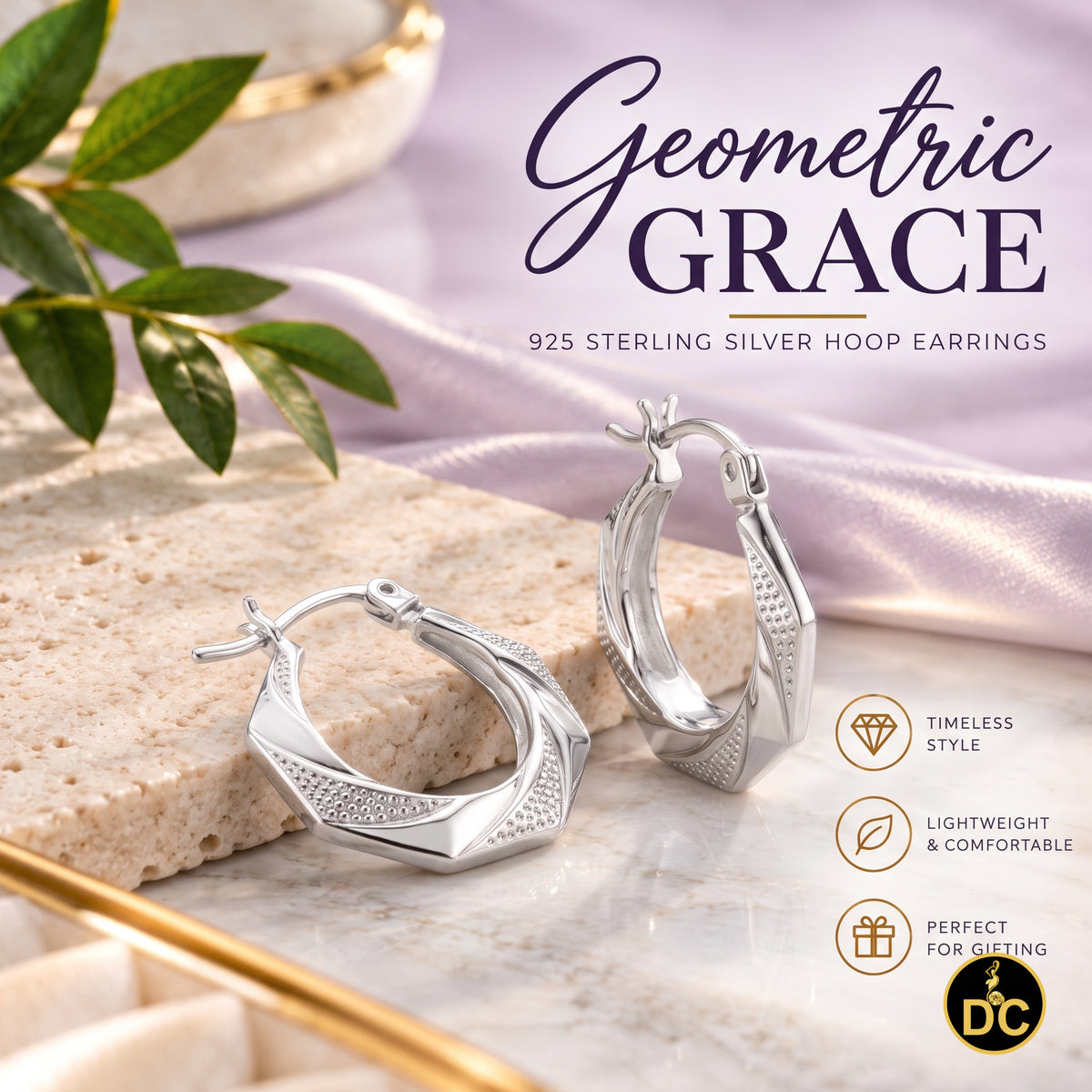 925 Silver Octagonal Shape W/Polished facets & textured dotted 16mm Hoop Earring