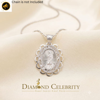 DiamondCelebritees 925 Silver Men/Women Flower Design St.Jude Mini CZ Stone Pendant White Religious