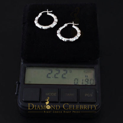 925 Silver Shiny Bamboo Textured Ridged Section Classic Round 22mm Hoop Earring