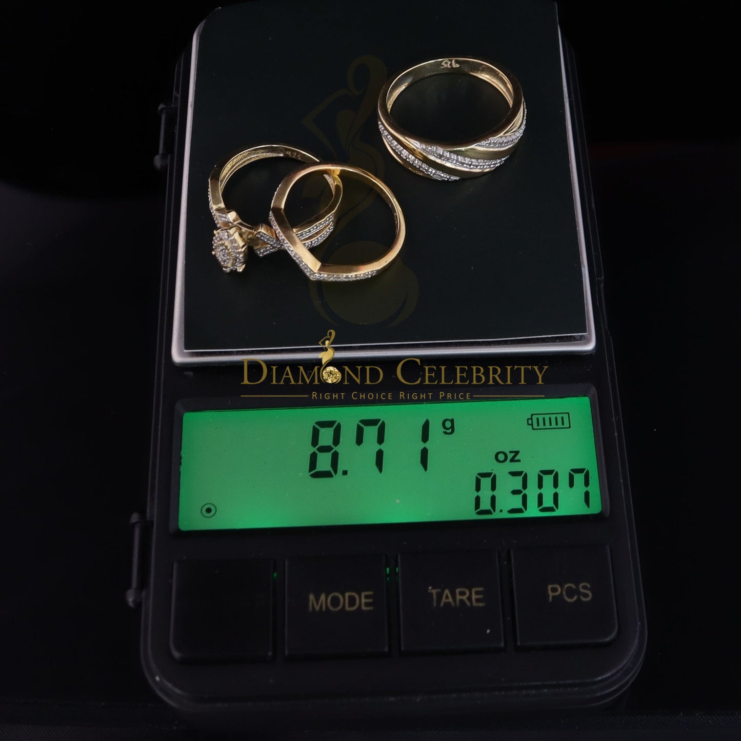 DiamondCelebritees 0.33CT Real Diamond Men's SZ 10 & Women's SZ 7 Trio Sterling Silver Yellow Ring