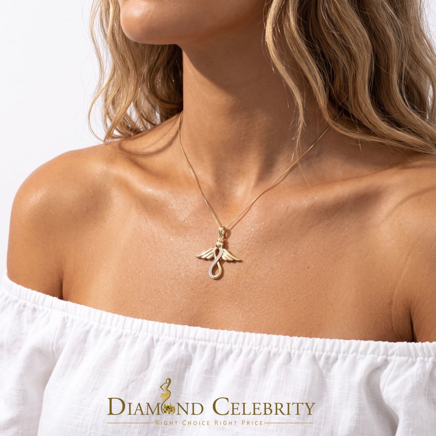 DiamondCelebritees  Real 0.05ct Diamond Sterling Silver Infinity with Wings Necklace Yellow Pendant