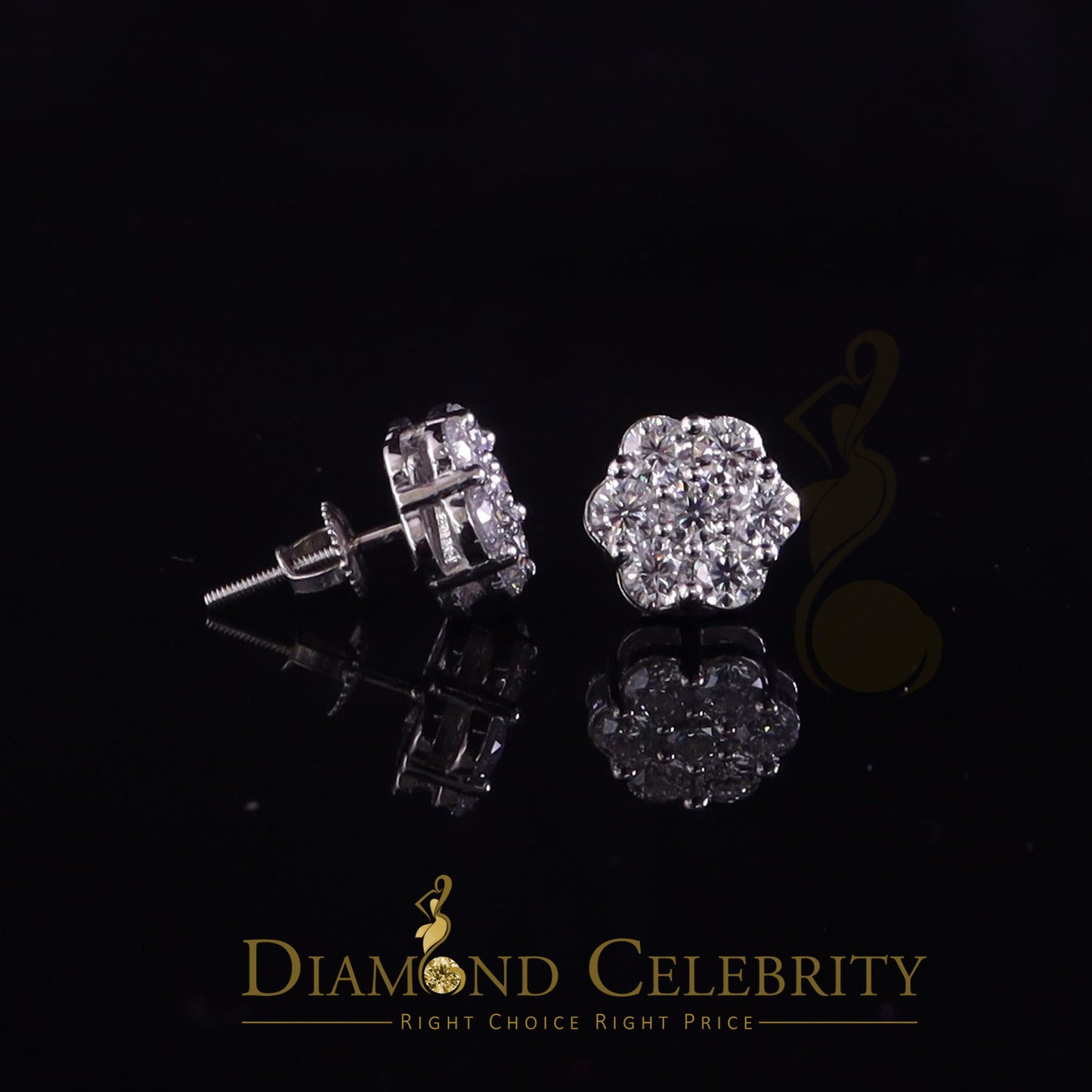 DiamondCelebritees 1.50ct Vvs 'D' Color Genuine Moissanite Stud FLORAL Earrings 10k Real White Gold