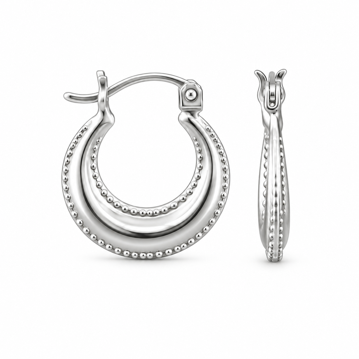 925 Sterling Silver Double-Row Beaded Hallow Vintage Balinese 15mm Hoop Earring